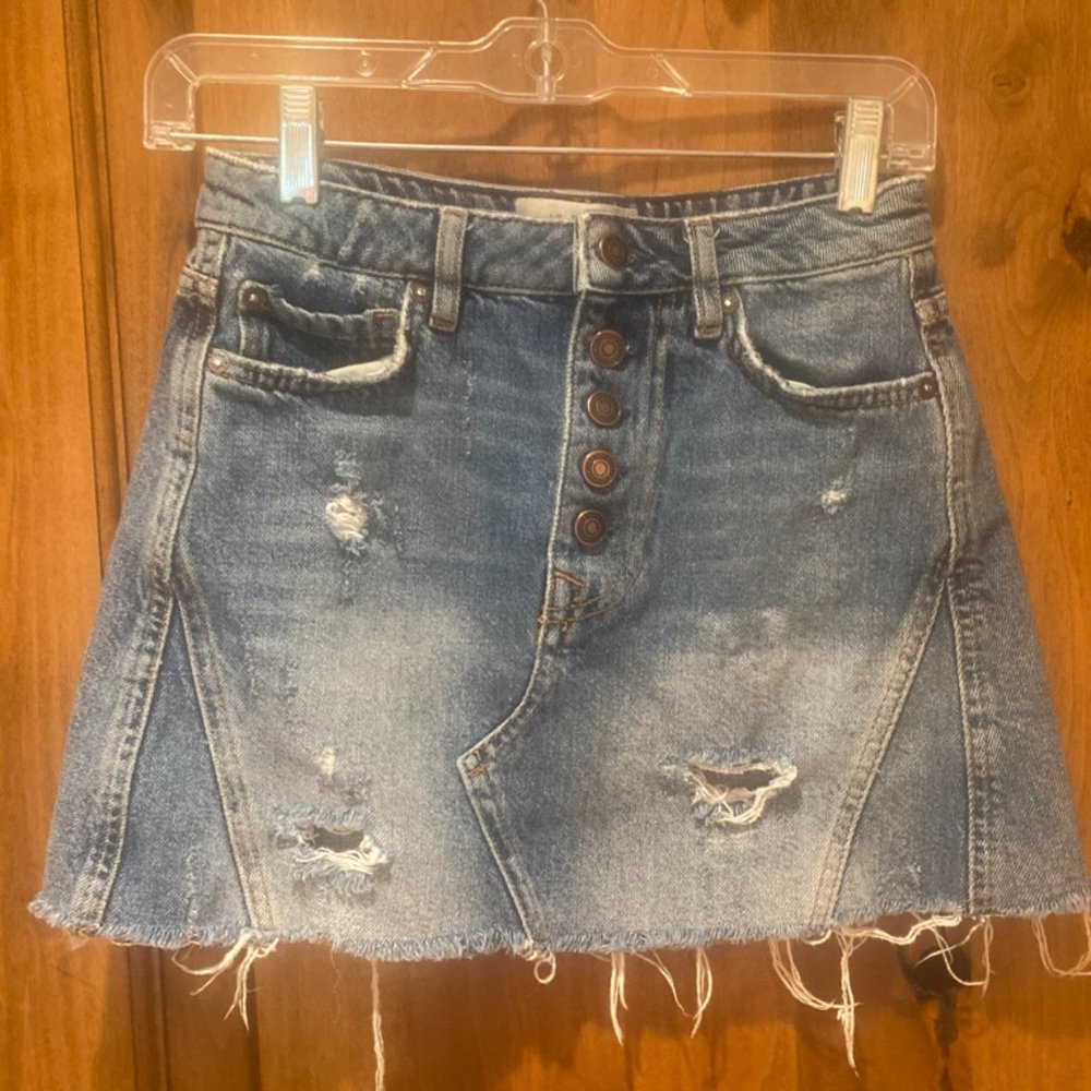 We the Free Button Fly Distressed Denim Skirt Size 24
